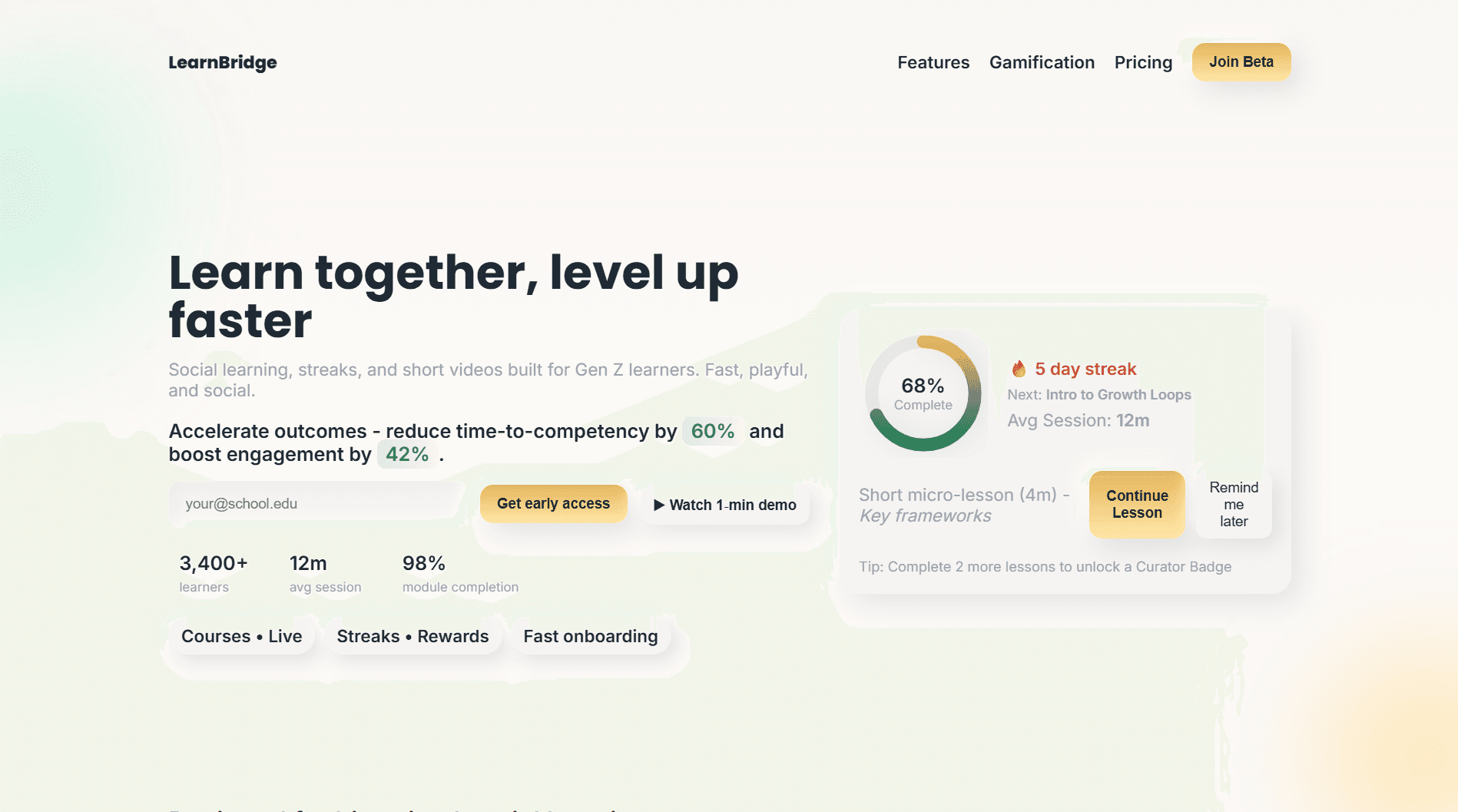 LearnBridge learning feed with video lessons and streaks